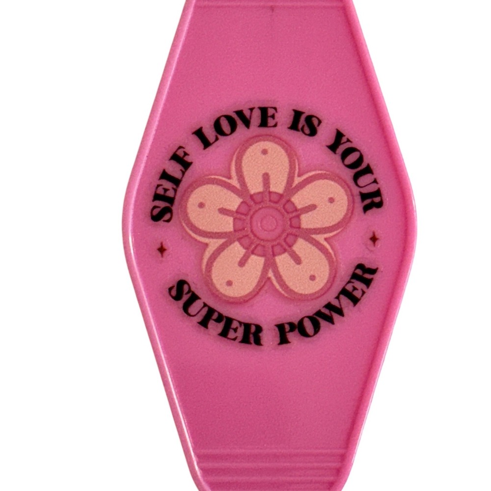 Self Love Is Your Super Power Pink Motel Keychain Retro Flower Heart Ring New - Picture 2 of 3